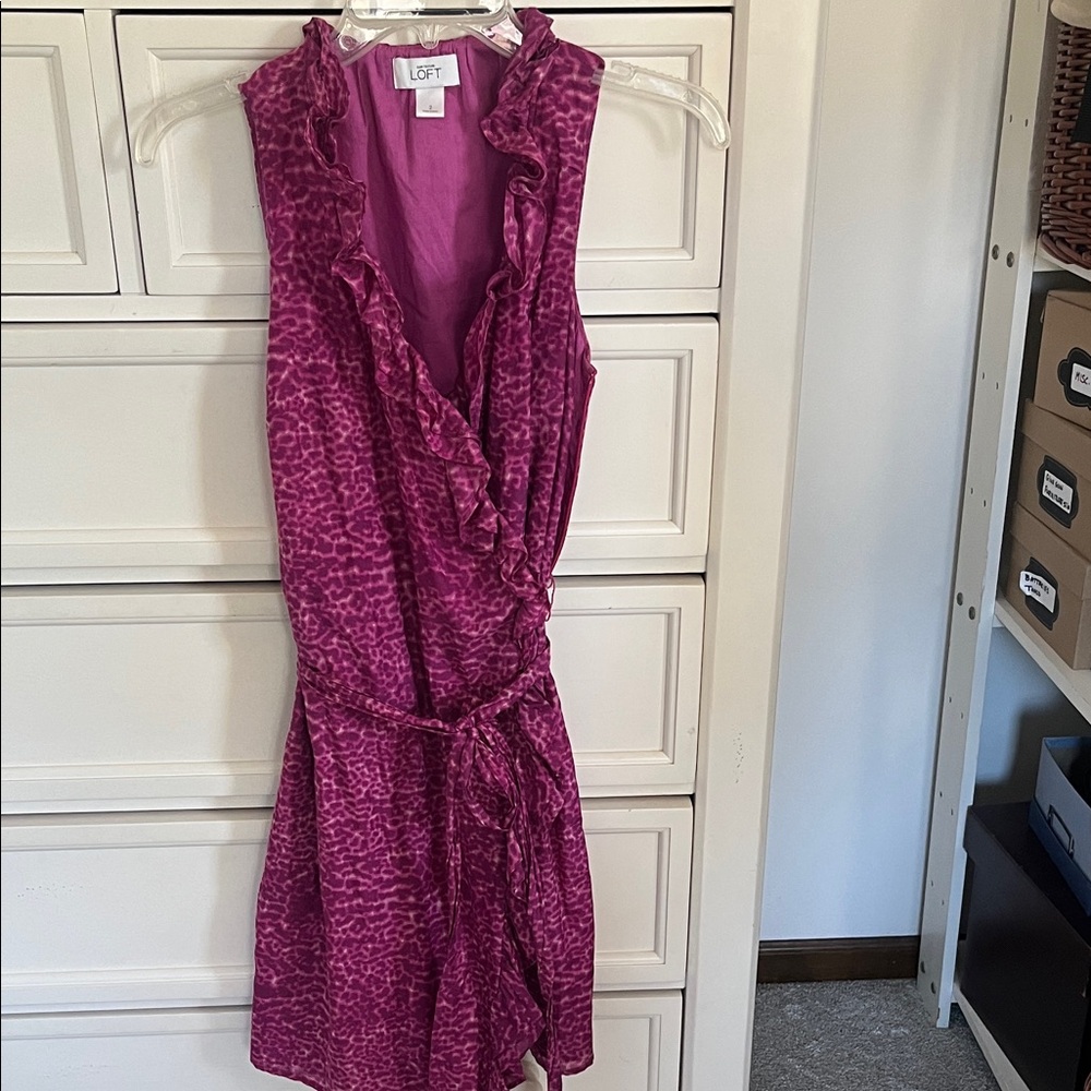 LOFT Sleeveless Ruffle Wrap Dress in Magenta Animal Print